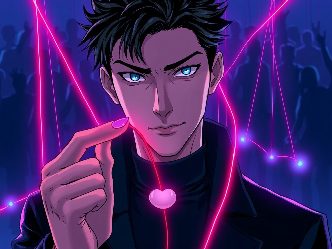 Subject: A split-screen composition in a premium Korean Webtoon / Manhwa style.
Foreground: A sharp, handsome young man (The Protagonist) with piercing, glowing intelligence in his eyes. He is wearing a modern, high-collar dark coat. He is looking directly at the viewer with a slight, knowing smirk, holding a single red thread between his fingers.
Background: Behind him, in a shadowy, monochromatic blue palette, is a silhouette of a chaotic crowd. The red thread from his fingers extends back and splits into complex glowing lines that connect to the limbs of the shadowy crowd like marionette strings, implying subtle control.
Art Style: High-contrast cel-shading, dramatic
